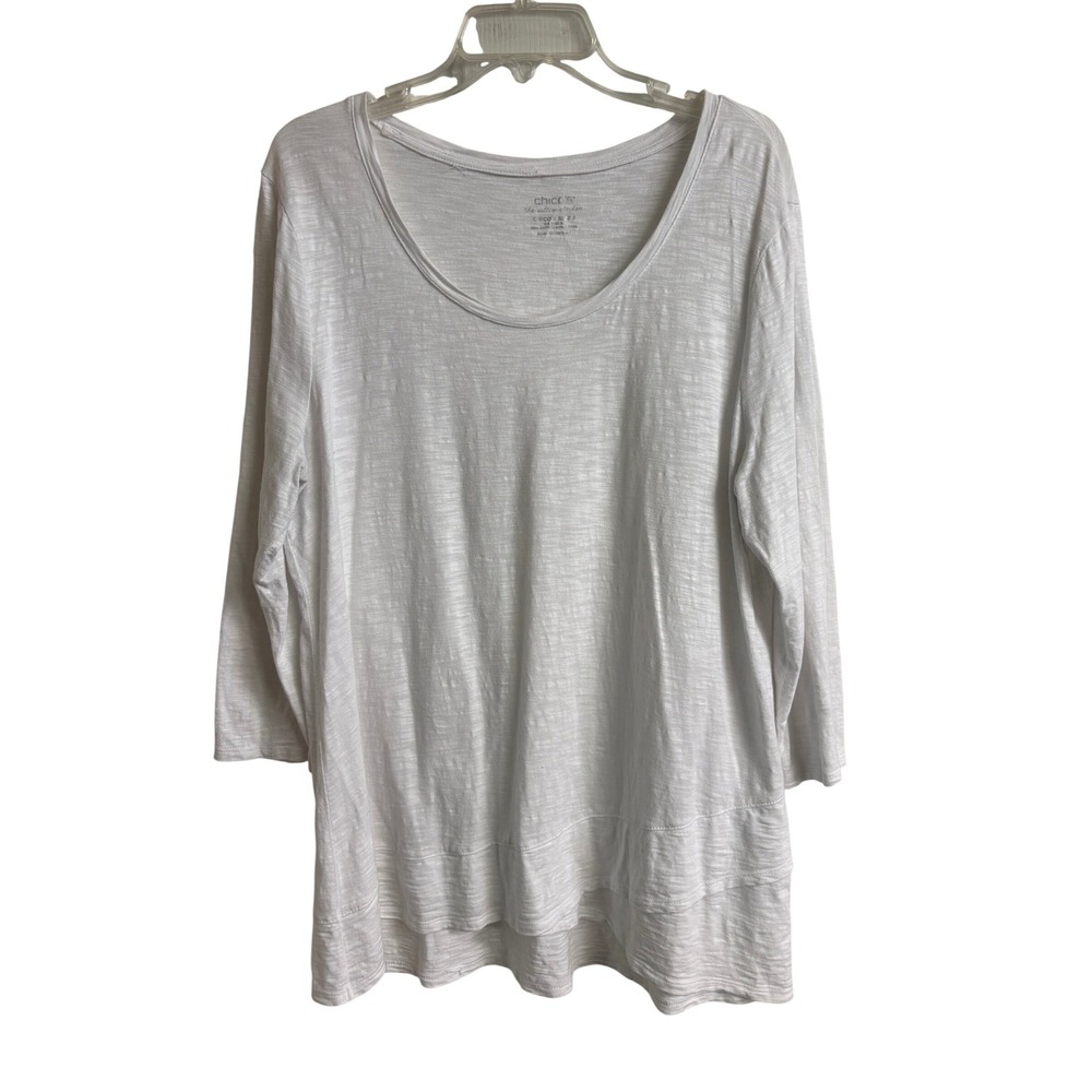 Chicos The Ultimate Tee White Slub‎ 3/4 Sleeve Asymmetrical Top Size 3 XL